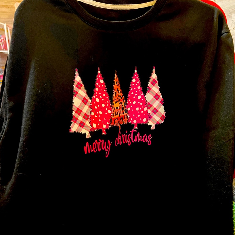 Black sweatshirt pink-whitetreesMerryChristmas printedSlogansoftComfyPoly/cotton